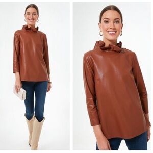 Tuckernuck Faye Faux Leather Ruffle Popover Shirt Vegan Cognac Brown Small